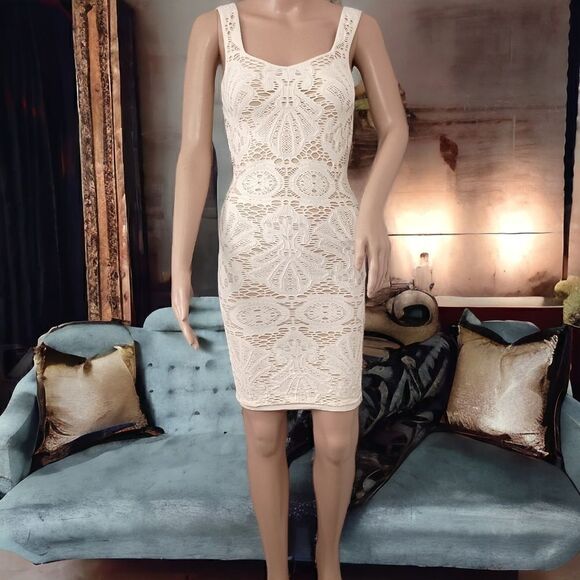 Intimately Free People Crochet Dress XS Ivory Sexy Medallion Bodycon Lined Boho. - Picture 1 of 16